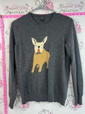 J. Crew sweater bulldog rabbit hair wool Gray Knit Sweater with Tan Dog Intarsia